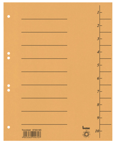 Trennblatt A4 in maisgelb mit Linienaufdruck und 6-fach Lochung aus 210 g/m² Karton.