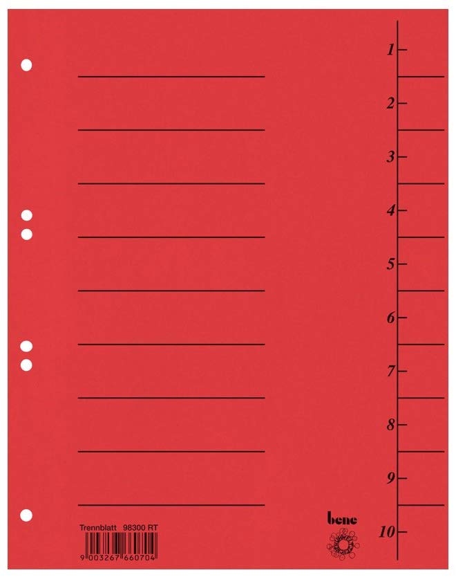 Rotes Trennblatt mit Linienaufdruck, 6-fach Lochung und nummerierten Feldern.